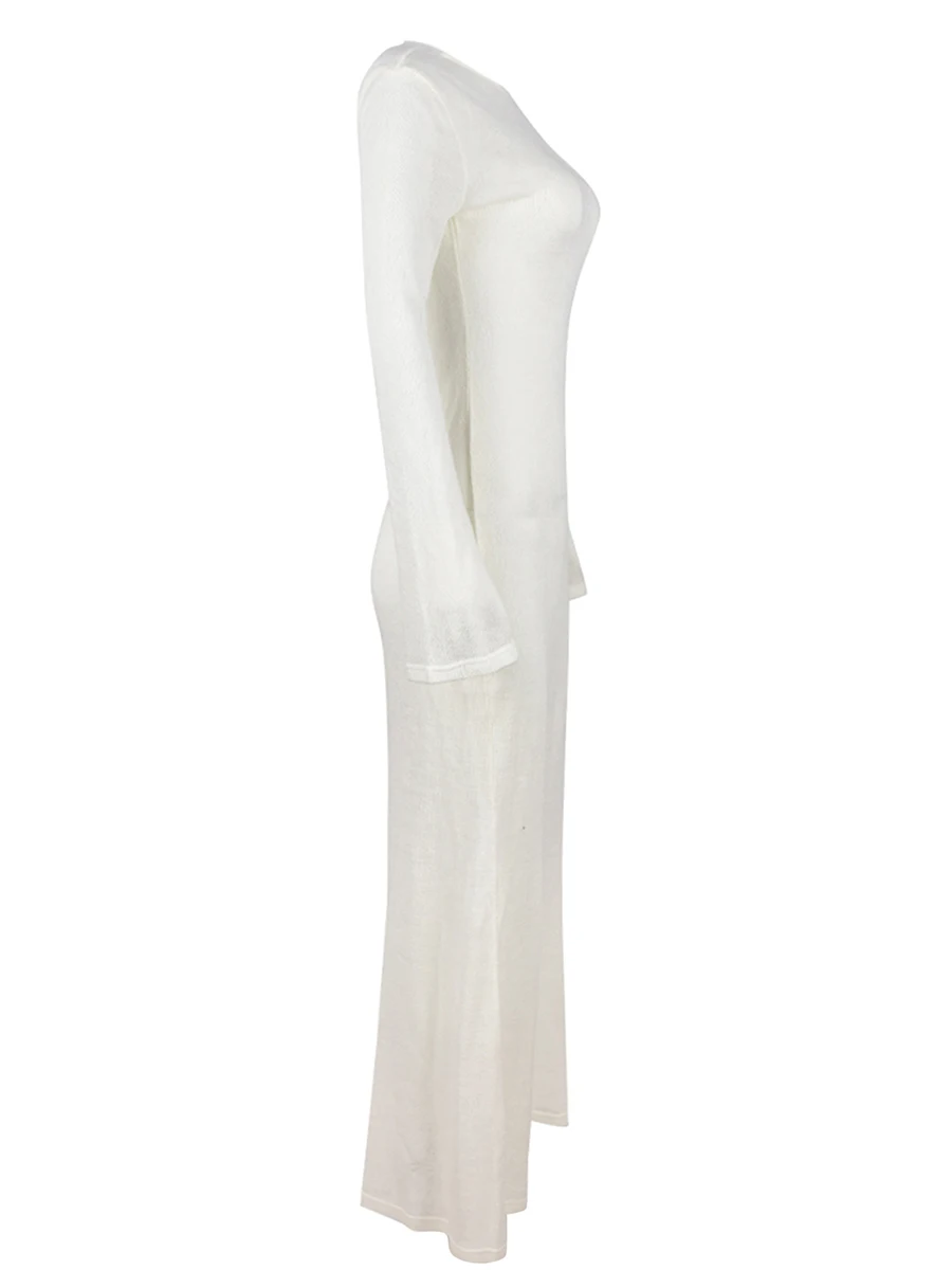 Abito da donna all'uncinetto a maniche lunghe See Through Backless Long Dress Bodycon Beach Cover Up