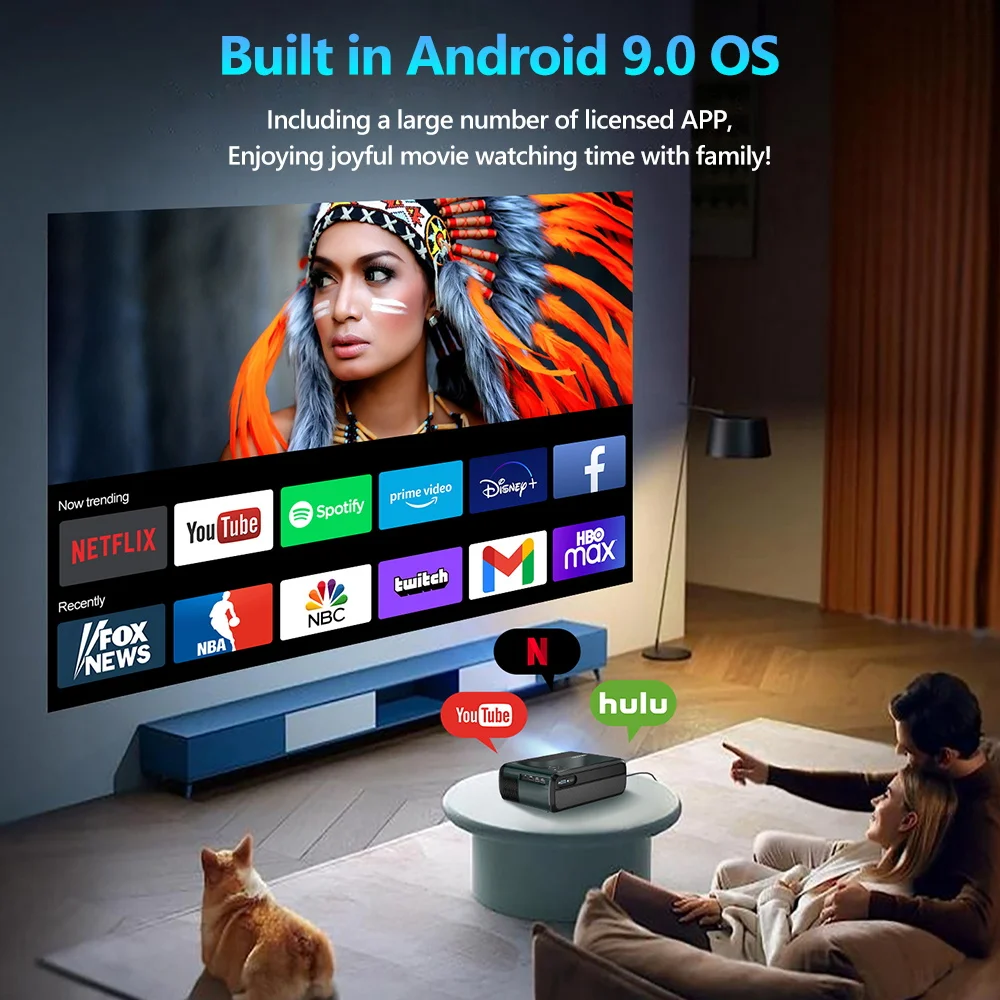 Mini Projetor Portátil Full HD, 1080P, 4K, Wi-Fi, Bluetooth Bidirecional, Android, Sem Fio, Smart TV, Vídeo, Home Theater
