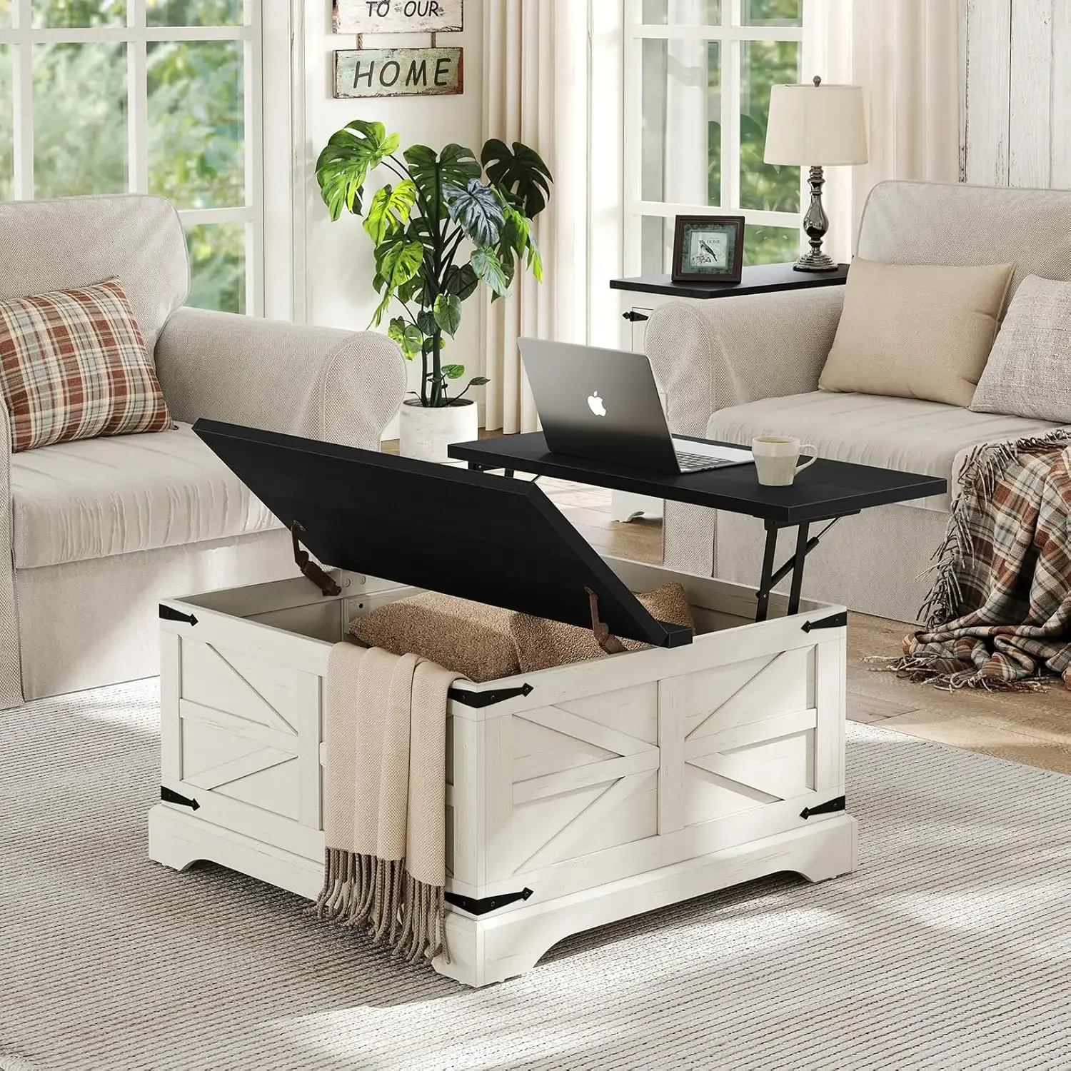 Farmhouse Lift Top Coffee Table, Square Wood Center Table with Large Hidden Storage Compartment for Living Room