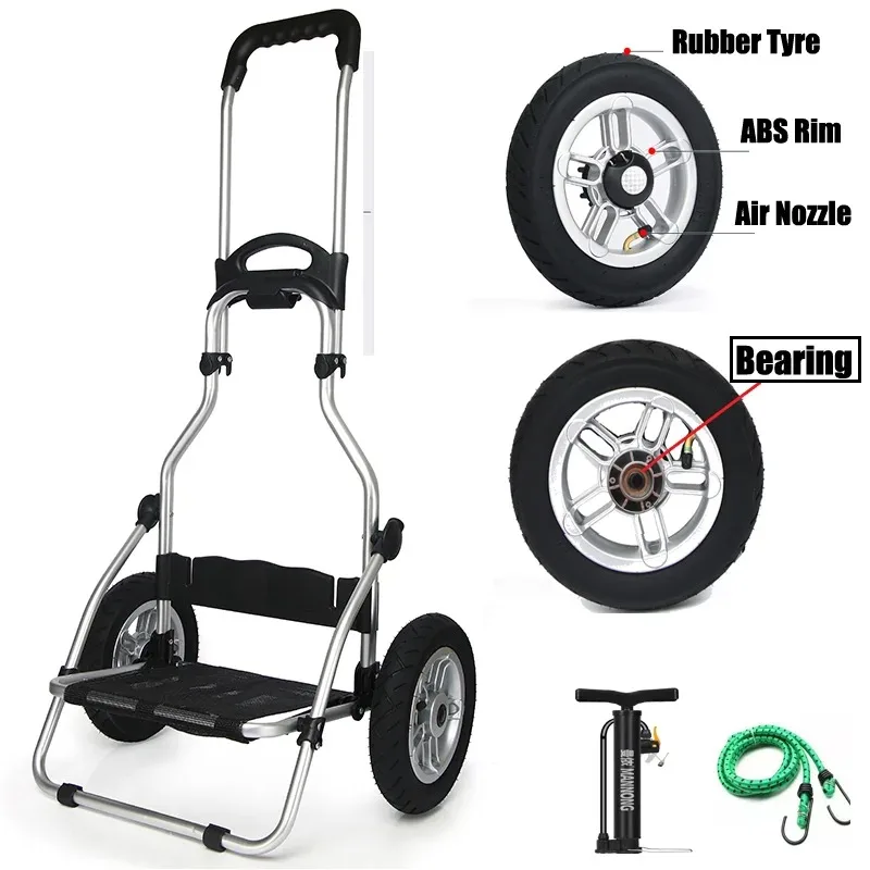 25cm Outdoor Camera Puller Trailer, Big Inflatable Wheel Luggage Cart, Folding Portable  Heavy Duty Hand Truck