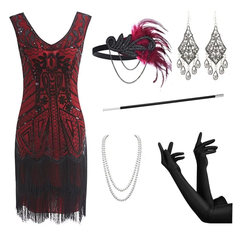 

Платье ручной работы с кисточками и пайетками, винтажное платье из фильма 920S, платье средней длины с высокой талией, полиэфирная ткань, без зарегистрированного бренда