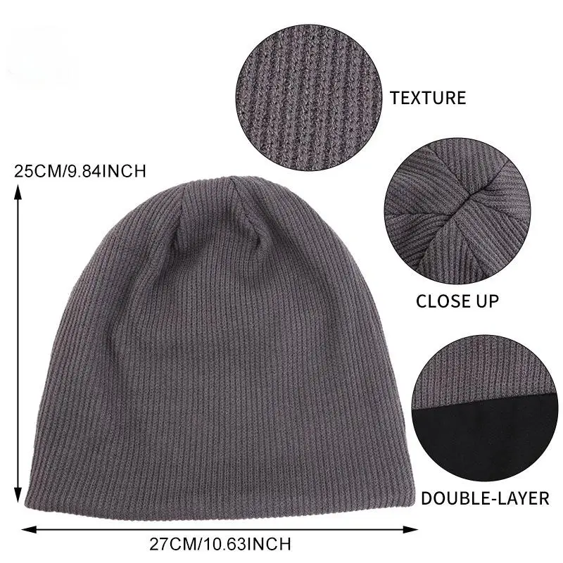 Herbst- und Winter-Feingarn-Strickmütze, doppellagig, dick, warm, Skullies, Beanies – Detail 2