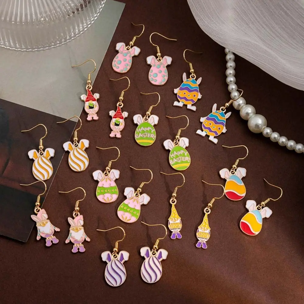 Personality Easter Egg Earrings Colorful Easter Bunny Earrings Creative Easter Egg Pendant Striped Alloy Hoop Easter Day Party