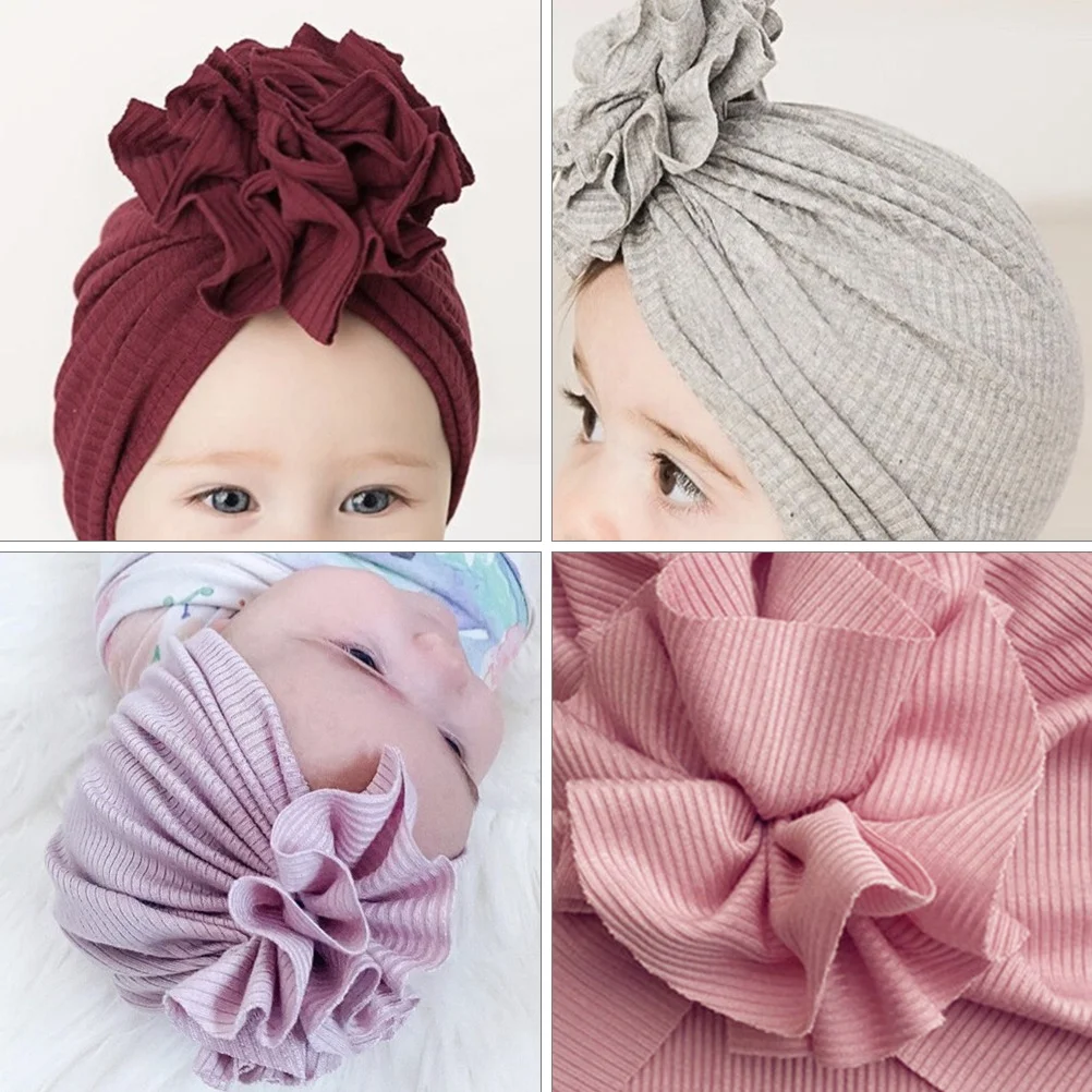 

4 шт., вязаная крючком шапочка в форме цветка, теплая шапка для новорожденных, креативная шапка с принтом, эластичный тюрбан, аксессуары для детей