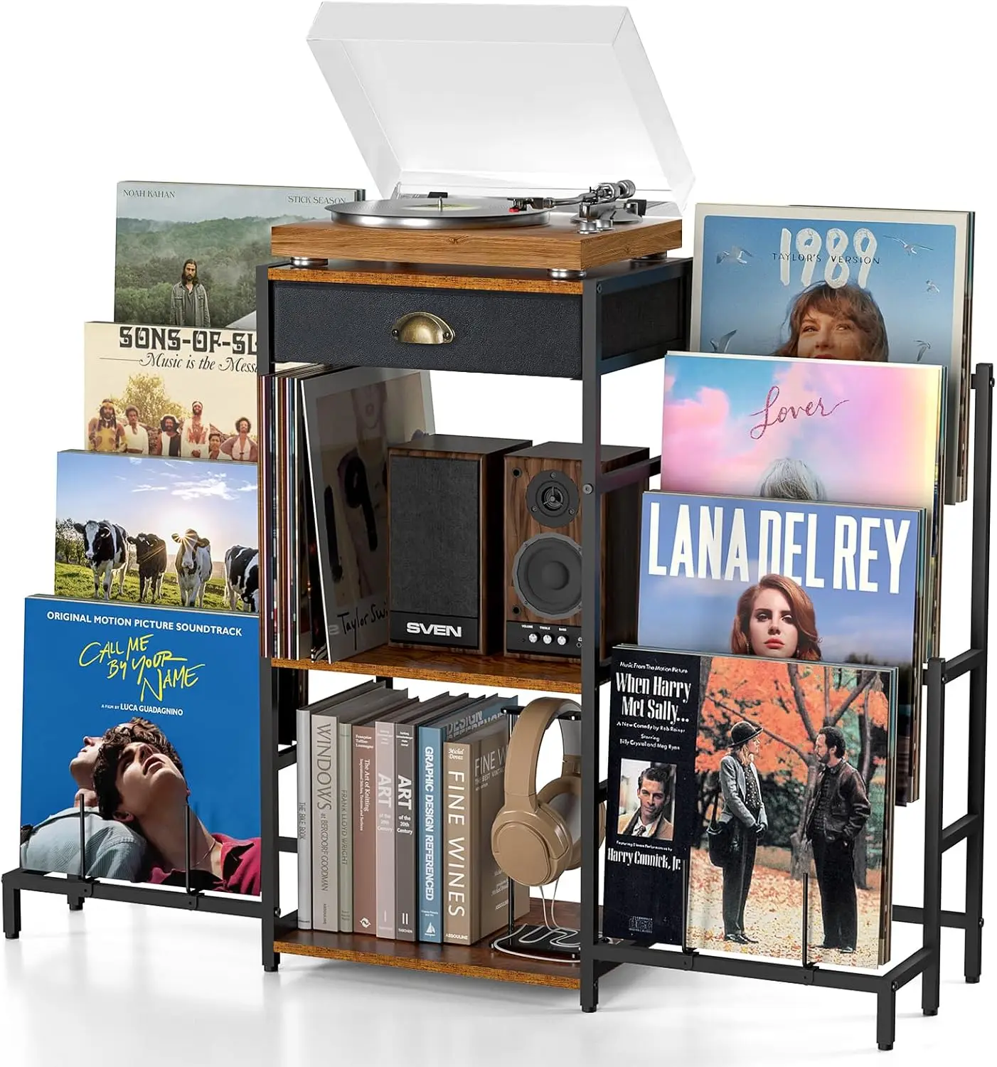 

Record Player Table with 8-Tier Vinyl Display Holder, Vinyl Record Stand Storage Up to 200 Albums, Turntable Stand with Metal