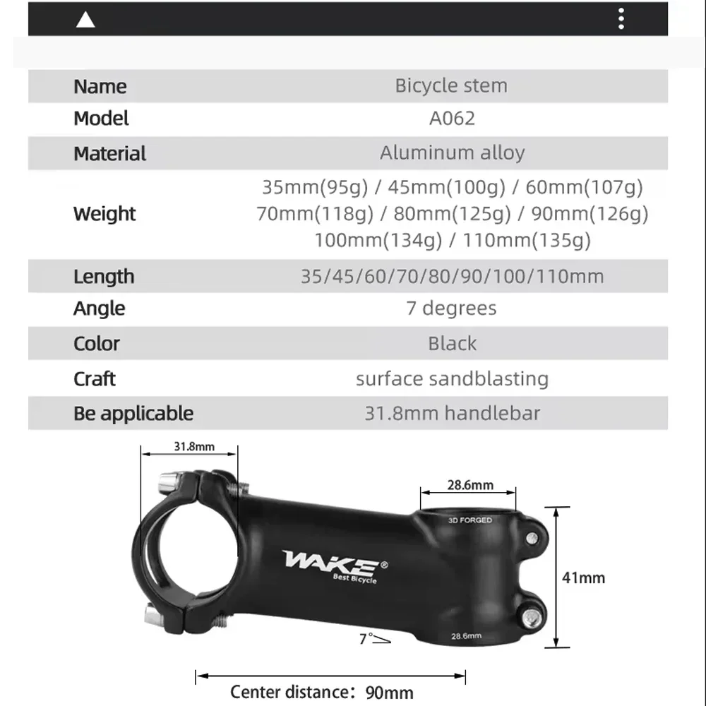 WAKE Fahrradvorbau 31,8 35 mm/45 mm/60 mm/70 mm 7 Grad kurz Mountain Road Bike Vorbau Lenker Riser Extender für MTB BMX Radfahren