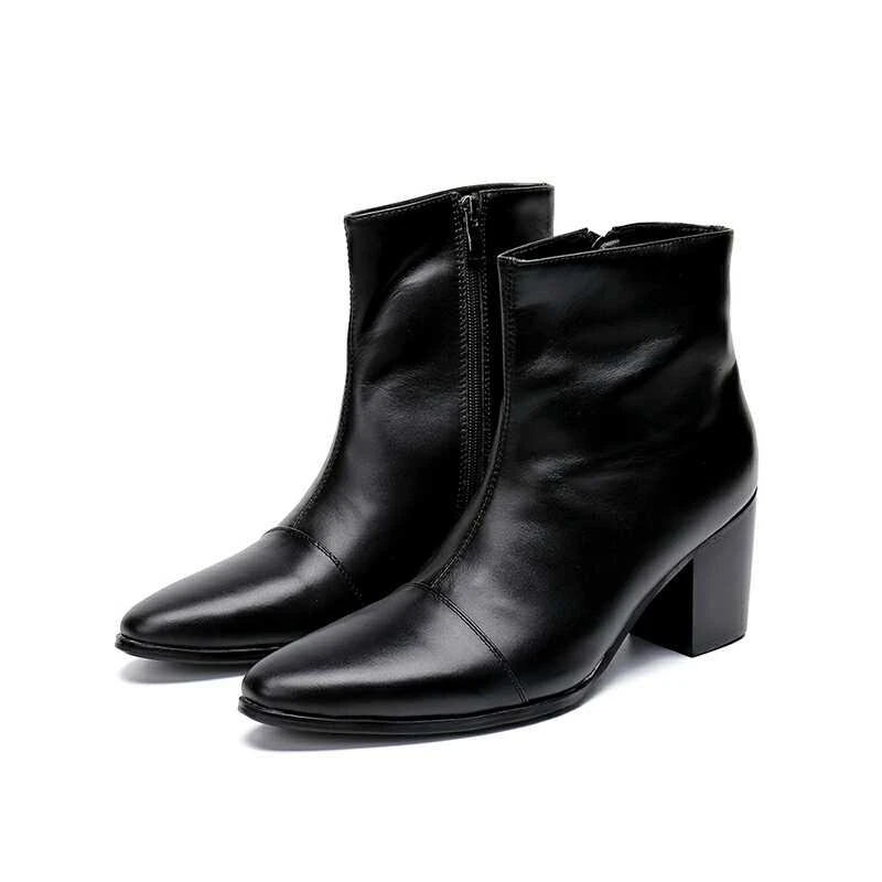 

Mid-Calf Leather Boots Men Genuine Cow leather Zip Pointed Toe Boots 5cm Increased Thick Heel Winter Boots