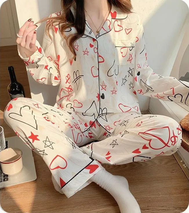 여성용 2025 하트 스타 프린트 클라우드 코튼 카디건 파자마 세트 가을 겨울 긴팔 바지 포근한 스위트 홈 라운지웨어