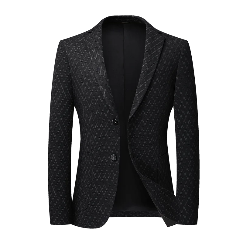 Quiet Luxury Men Black Subtle Pattern Blazer Business Casual Notched Collar Slim Fit Suit Jacket Gentlemen Elegant Outfits