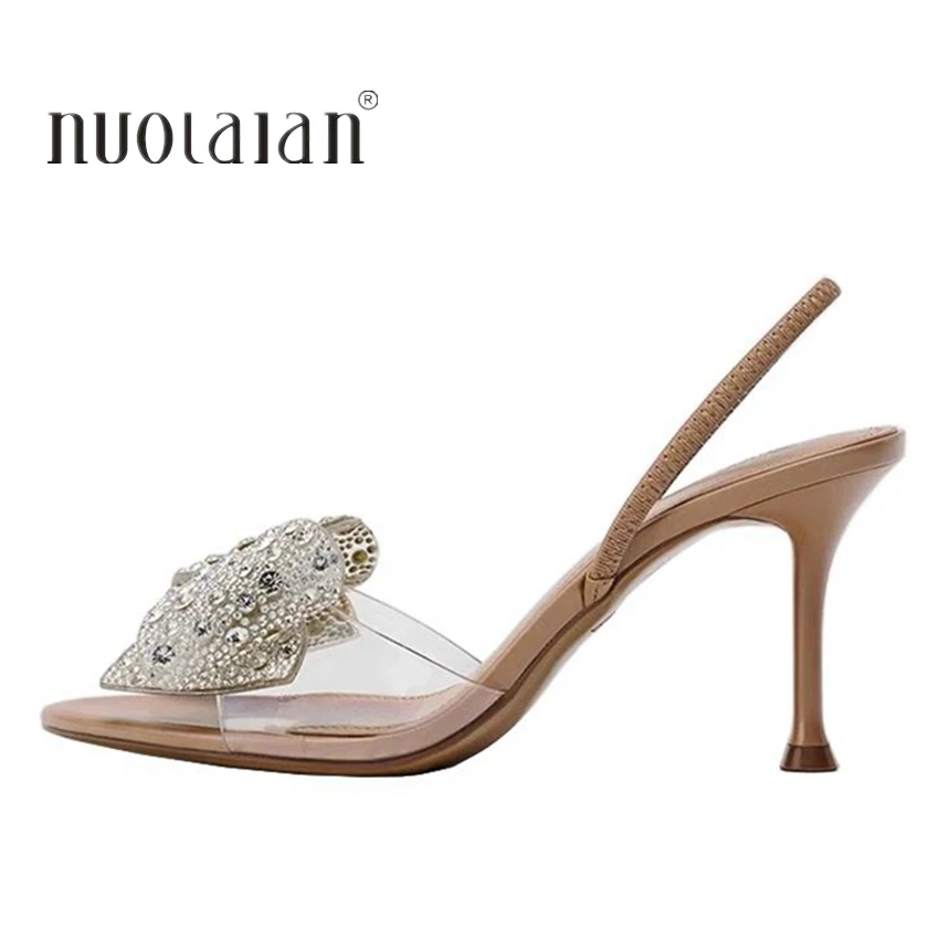

Fashion Design Rhinestone Bowknot Women Pumps Sexy Pointed Toe High Heels Wedding Prom Shoe PVC Transparent Sandal Female