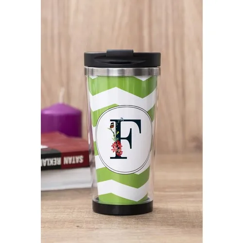 Gift Shop F Letter Flower Design Green Thermos Cup