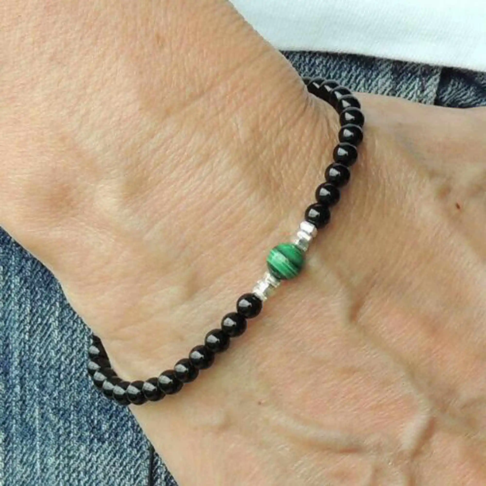 4mm Healing Gemstone Bracelets Malachite Black Onyx 925 Silver Karma Charm Artisan Eco-Friendly Prayer