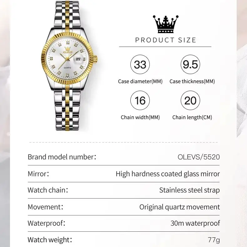 OLEVS 5526 Elegant Quartz Women's Watch Top Luxury Gold Stainless Steel Waterproof Calendar Diamond Watch Fashion Women's Watch