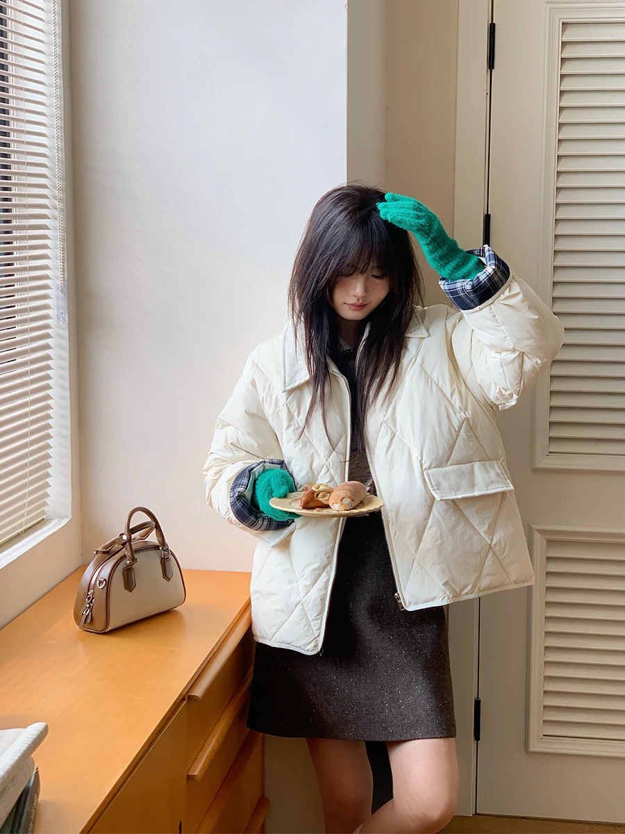 

Uniko Sli Geometric Pattern Color Blo White Du down Jaet Women's Lightweight Loose Fit Korean Sle Winter Coat