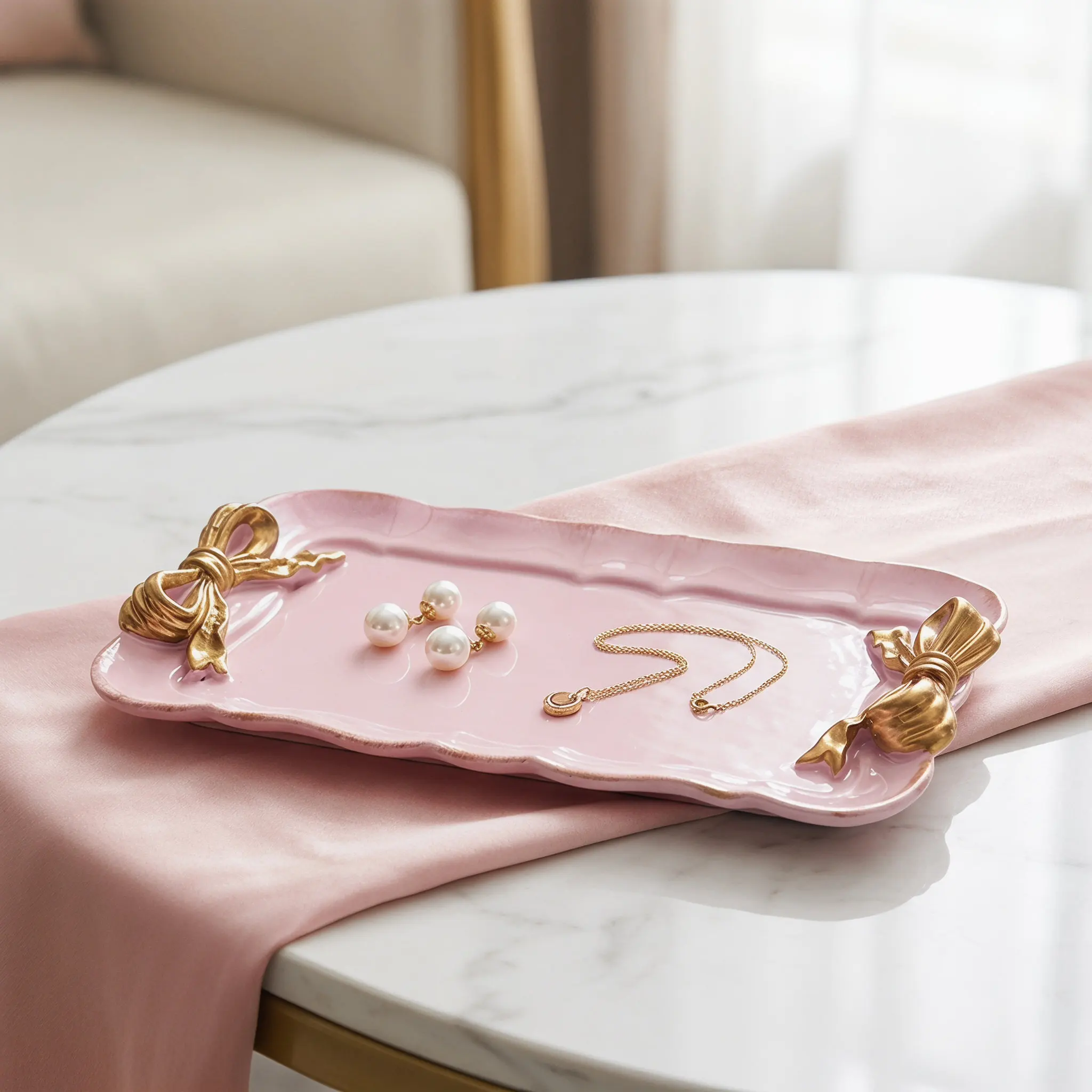 European Style Bowknot Resin Tray Hand-Painted Macaron Tone Jewelry Organizer Dessert Serving Plate Eco-Friendly Non-Toxic Photo