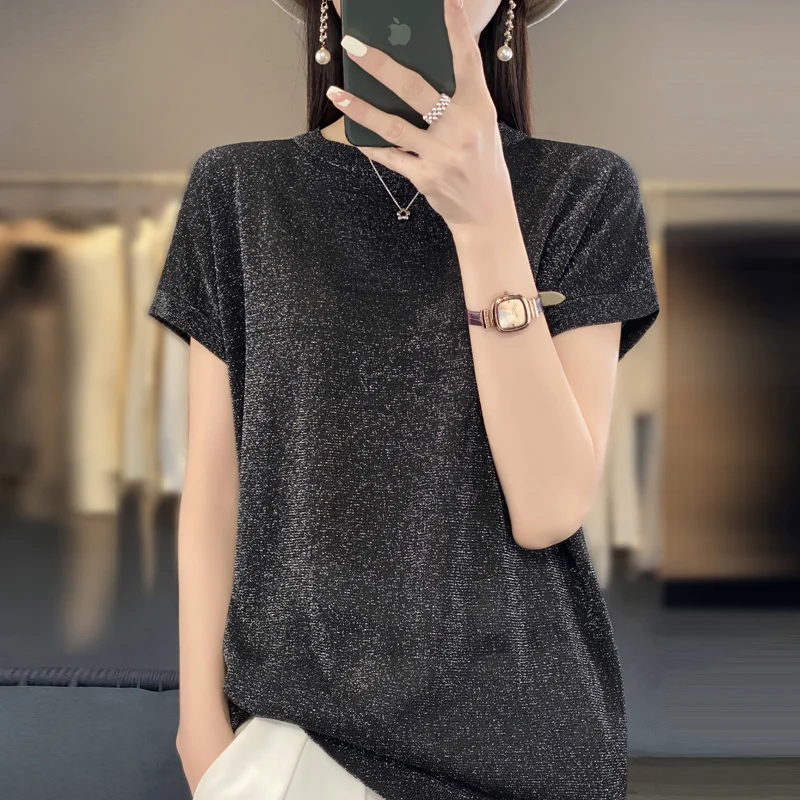 Summer round neck bright silk short sleeve sweater female loose sweet fashion high-end solid color ice silk half sleeve T-shirt