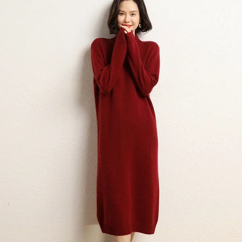 2023 High-end Winter New 100% Cashmere Sweater Long Dress Women Casual Thicken Dresses Female Loose Large Size Knitted Pullover