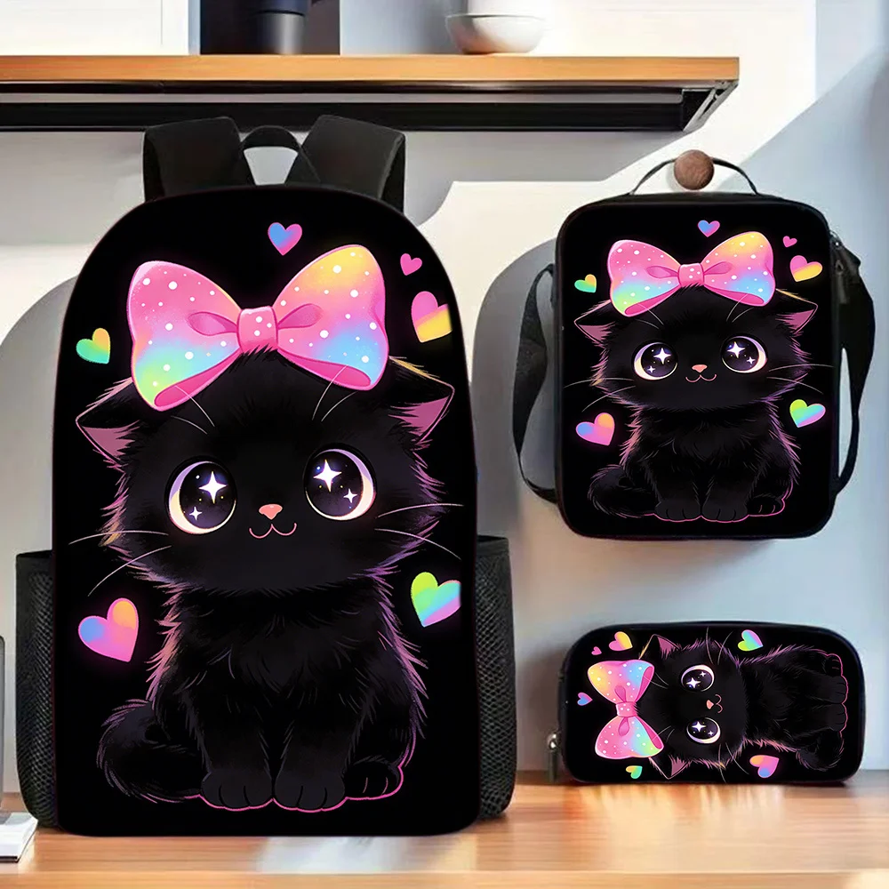 Cute Black Cat A3pcs Backpack, Pencil Case, and Crossbody Bag, All in Black with Adjustable Straps-perfect Gift