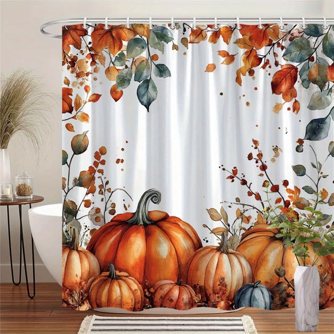 New in 2026 2D Flat, 2D Flat Shower Curtain, 1pc, White Frame Autumn Leaves and Pumpkin Design, Made of Comfortable, Multiple Sizes Available, Light Luxury Space, Creates a Relaxing and Healing Atmosphere, Ideal for Student Dorm Bathrooms