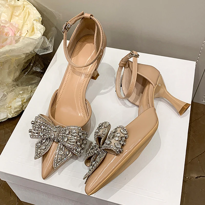 

Liyke 2026 New Fashion Rhinestone Bowknot High Heels Wedding Party Prom Shoes Elegant Pointed Toe Slingback Sandals Women Pumps
