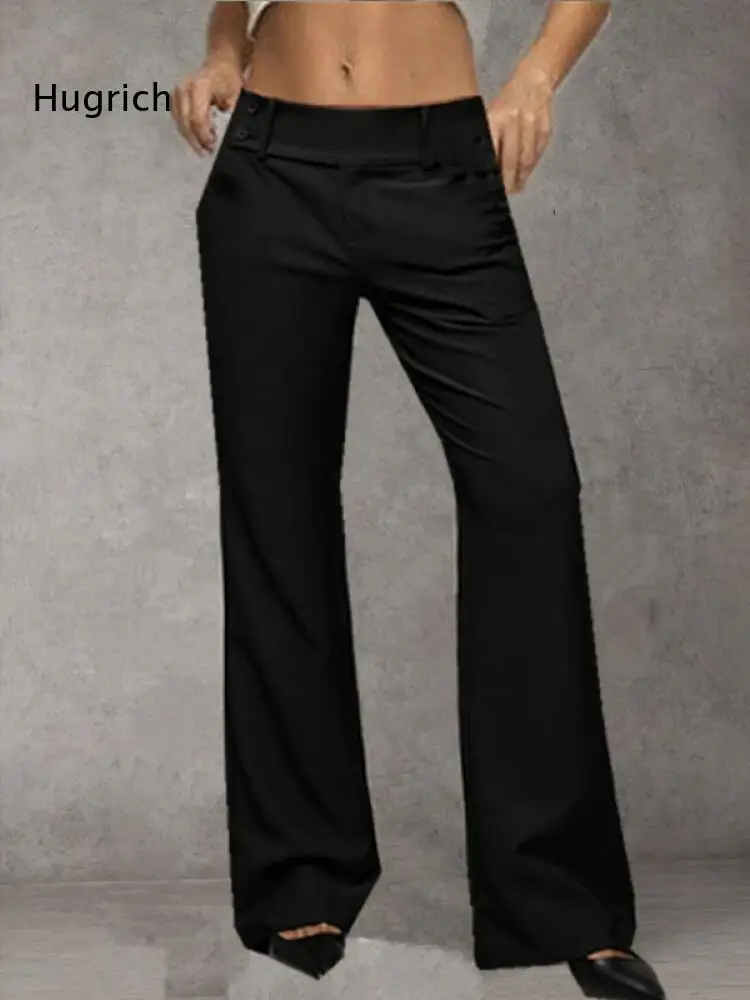Black Double Button Wide Waistband Bootcut Pants Low Rise Flared Leg Trousers Formal Office Business Casual Long Pants