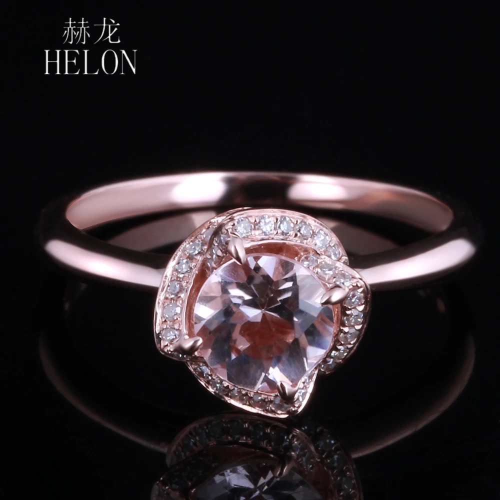 HELON Solid 9k 14k Rose Gold Ring Flawless Round 6.5mm Genuine Morganite Diamonds Engagement Ring Women Flower Gemstone Jewelry