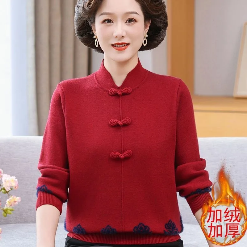 Middle Aged Women Winter New Chinese Style Fleece Lined Thick Knit Sweater Elderly National Style Base Top