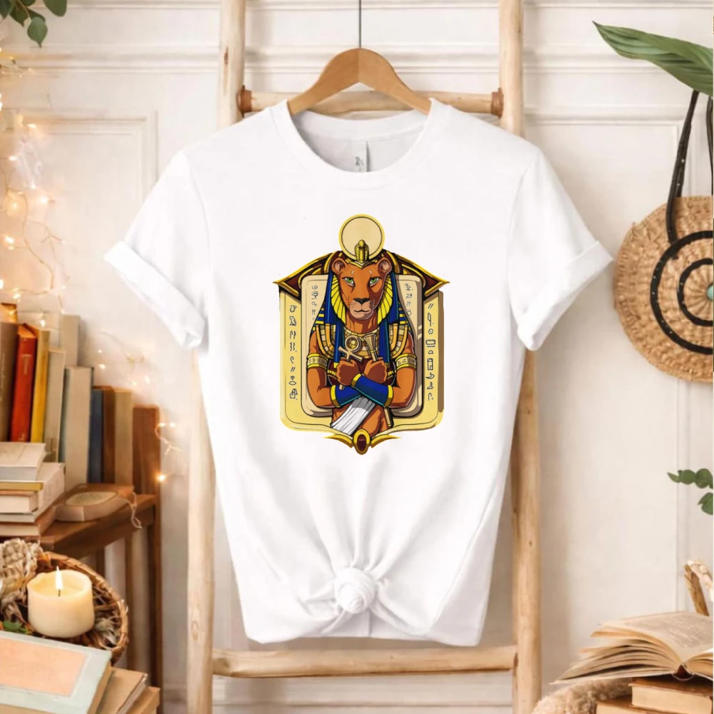 Ancient Egyptian Sekhmet Lion Head Goddess Wall Painting Graphic Short Sleeve T-Shirt Vintage Egypt Mythology Cotton Tops