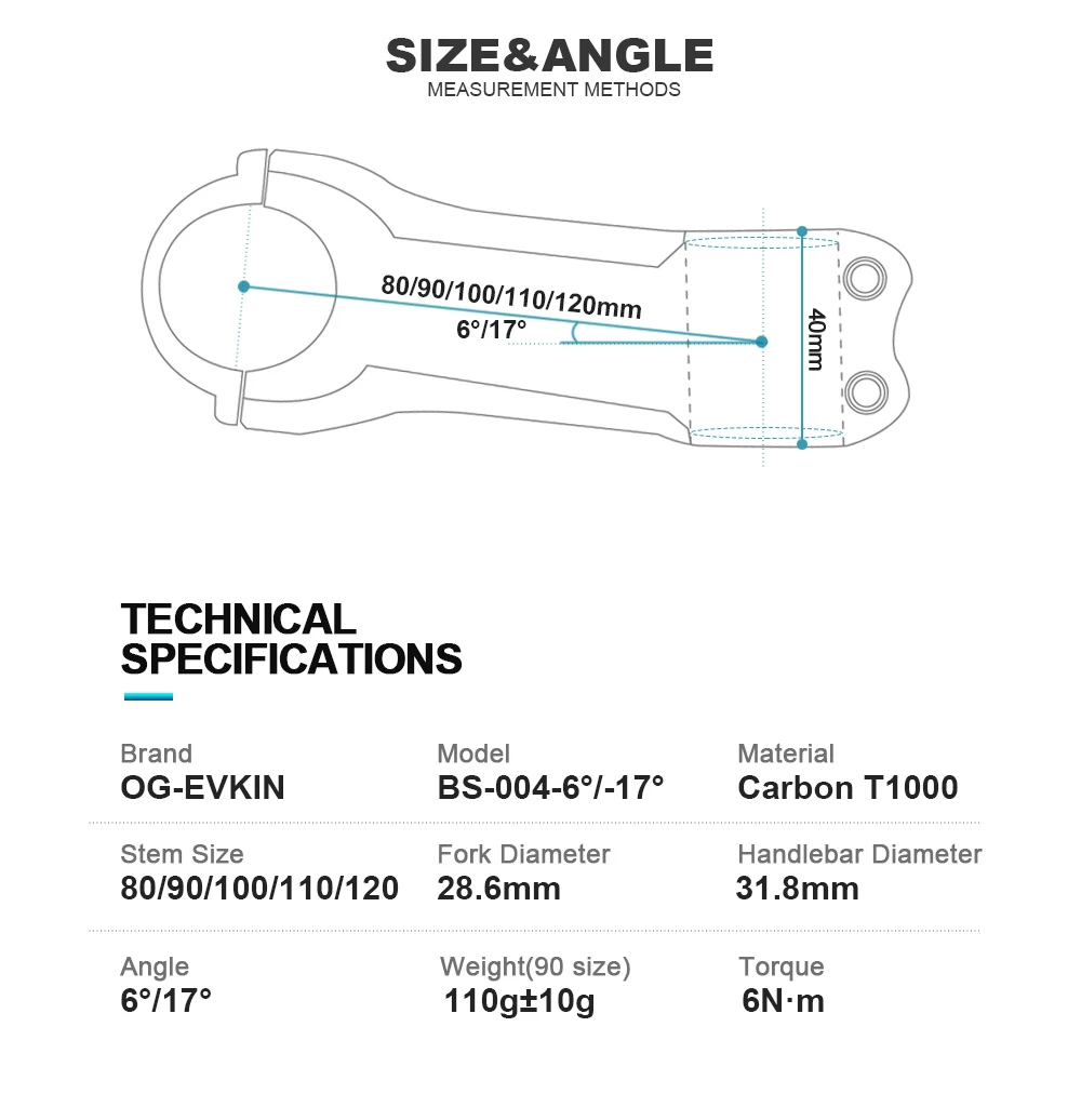 OG-EVKIN BS-004 T1000 Carbon MTB Bicycle Stem 6/17 Degree 31.8MM Carbon Road Bike Stem Positive and Negative Cycling Power Parts