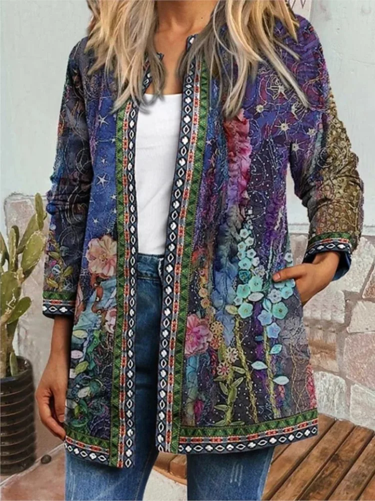 Autumn Winter Fashion Colorful Boho Floral Print Open Front Cardigan Casual Loose Long Sleeve Lightweight Jacket With Pockets