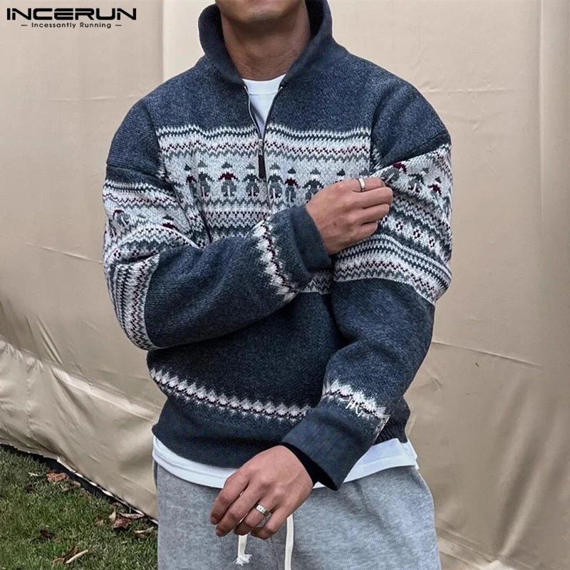 

Fashion Well Fitting Tops INCERUN 2025 New Men Curved Half Zipper Pattern Pullover Sweater Casual Lapel Long Sleeved Sweatshirts