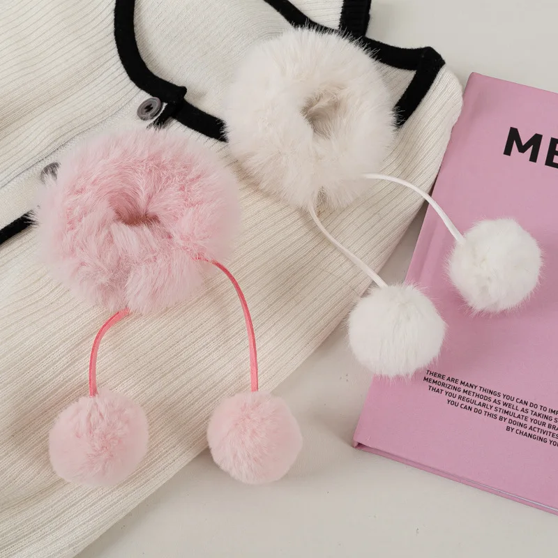 Girls Super Cute Pompom Elastic Hair Band Solid Color Faux Rabbit Fur Hair Tie Sweet Fluffy Scrunchies Children Hair Accessories