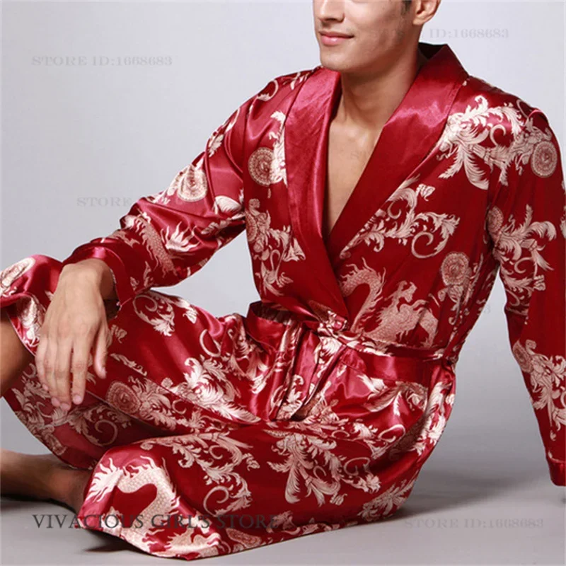 Plus Size 3XL Men Robe Sleepwear Print Dragon Kimono Bathrobe Gown Loungewear Spring Summer New Night Wear Loose Satin Homewear