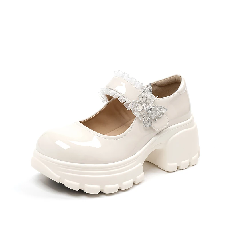 Sepatu Kulit Wanita dengan Renda Prancis dan Rok, Sepatu Mary Jane Bersol Tebal dengan Hak Tebal