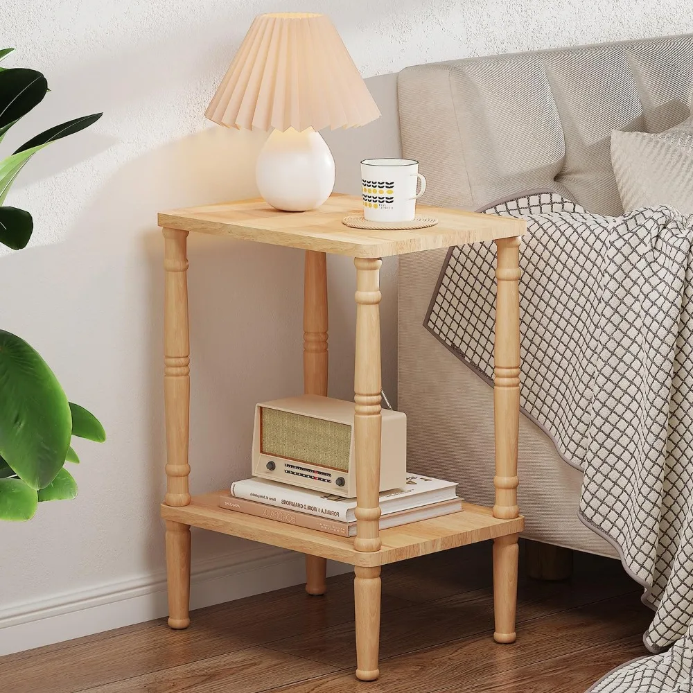 طاولة جانبية من الخشب الصلب مع مساحة تخزين، طاولة نهاية عتيقة للمساحات الصغيرة، مجموعة بدون أدوات #2