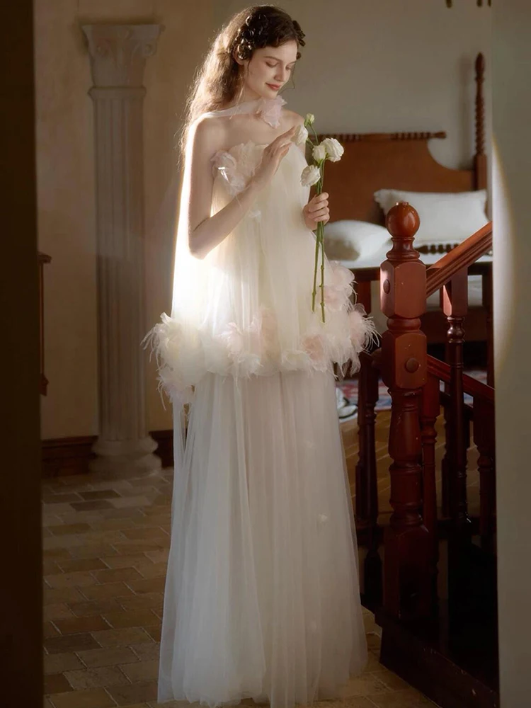 

Утренний свадебный халат Ele для женщин: нежное свадебное платье без бретелек с длинной юбкой и завышенной талией для помолвки