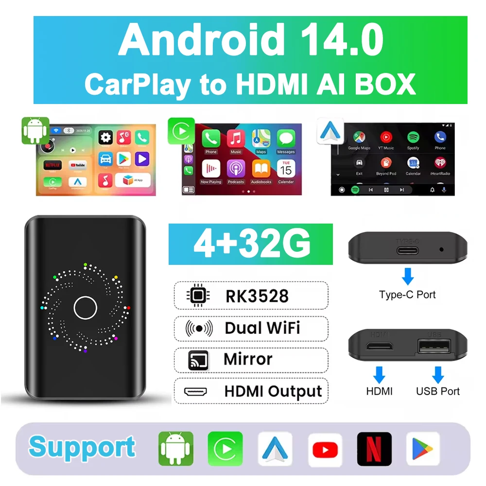 4G 32G Car Ai Box Wireless CarPlay Android Auto Adapter Android TV Box on Youtube Nexflit Car Intelligent System