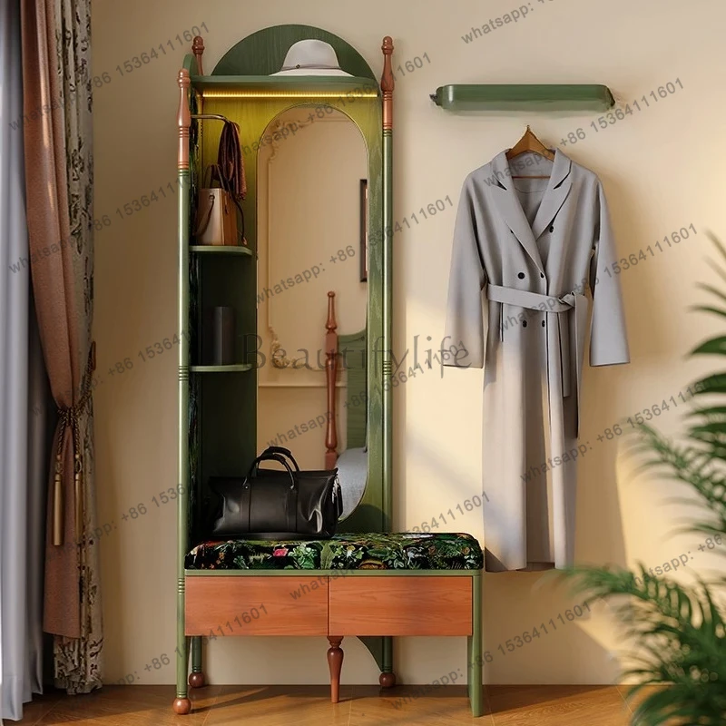 

yj5 French retro new Chinese solid wood coat rack, full-length mirror, shoe change stool, integrated entrance door and entrance