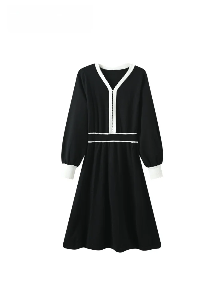 

plus Size V-Ne Long Sve Dr Women's Spring New Sle Color Blo Slimming Design Casual Knitted High Waist A-Line Dr