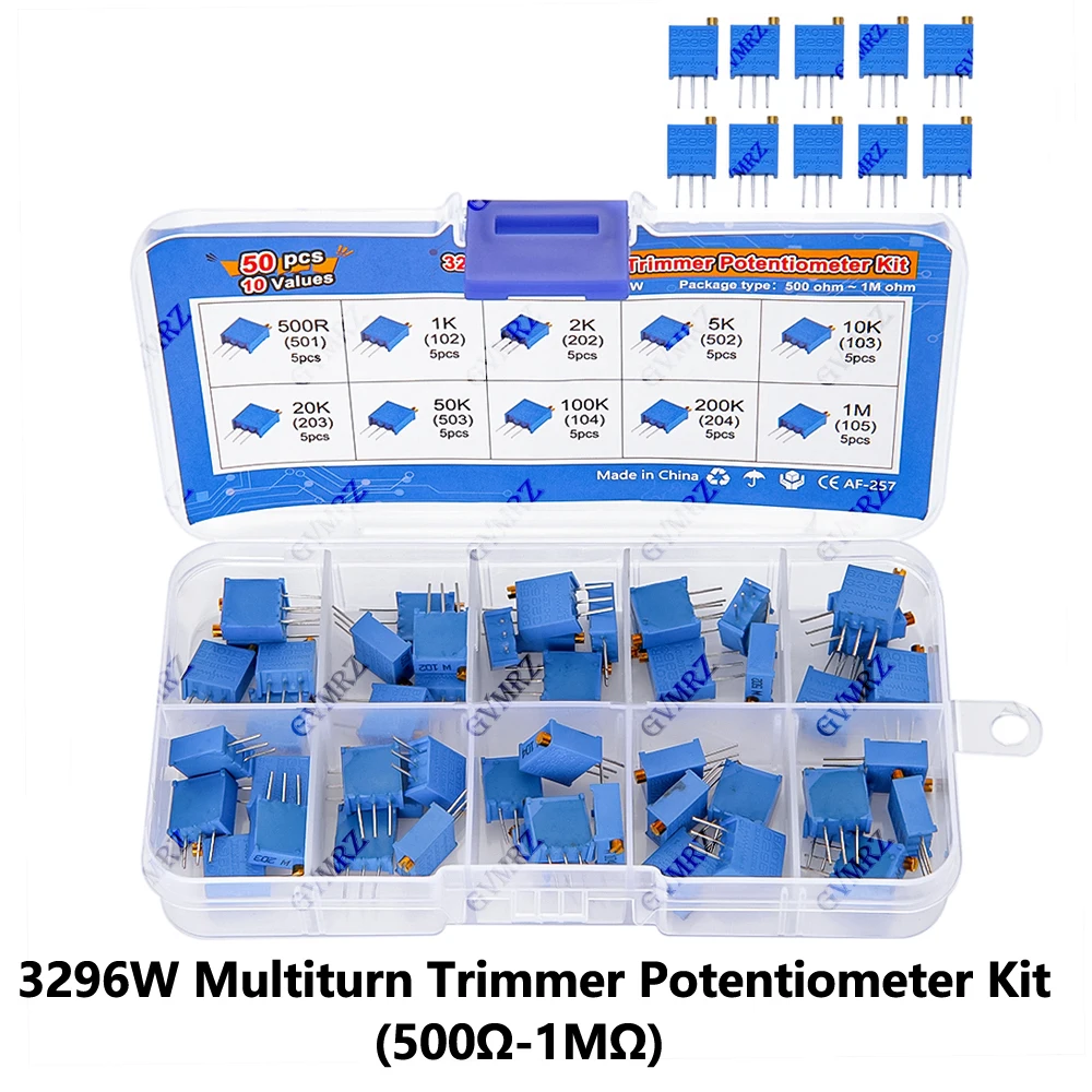 50PCS 10Values 3296W Multiturn Trimmer Potentiometer Kit (500Ω-1MΩ) in Box for Precision Circuit Tuning &  DIY 500R 2K 200K 1M