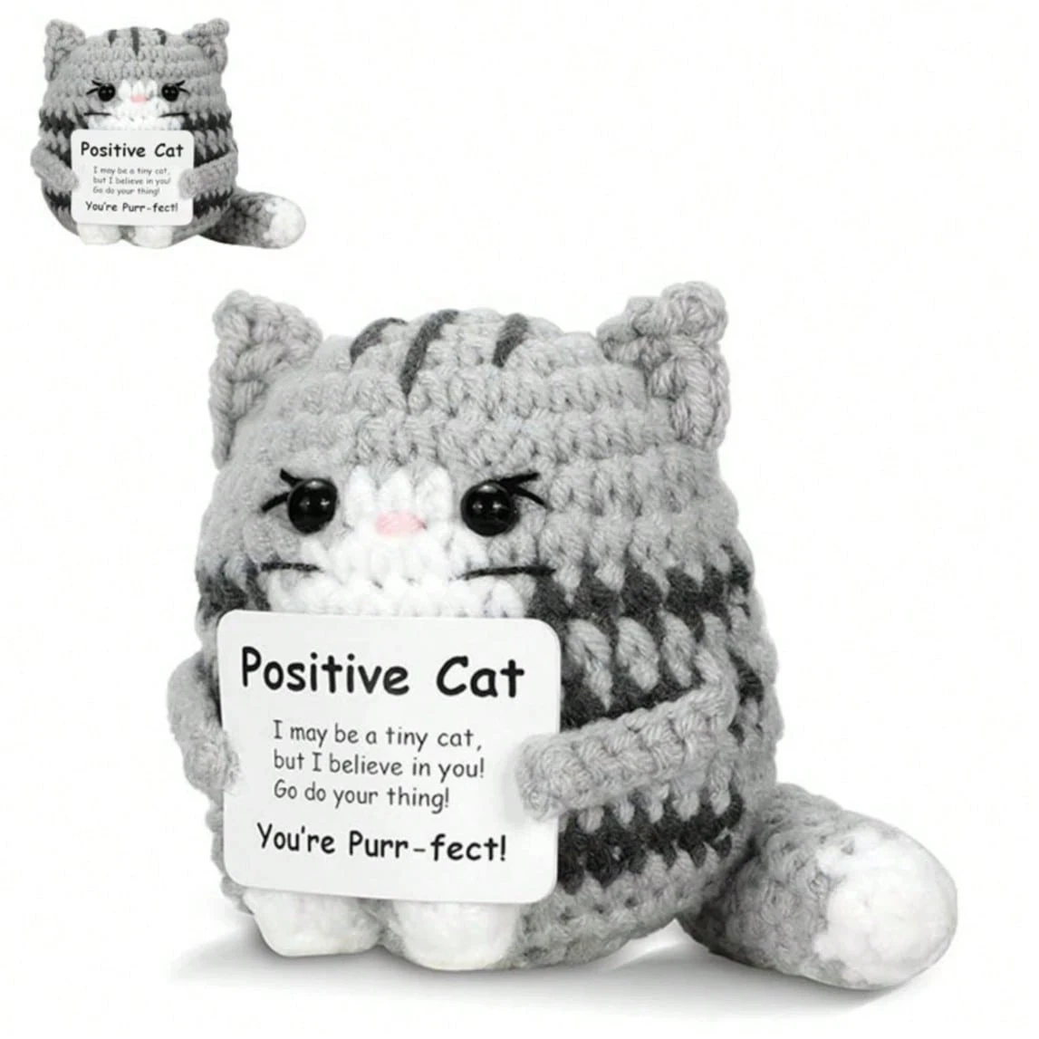 Positive Crochet Cat Mini Animal Emotional Support Gift, Fun Crochet Mini Handmade Cat, Suitable for Female Male Friends Mom Daughter Son, Plush Duck Shark Penguin Decorative Ornament, Birthday Christmas Decoration Graduation Gift