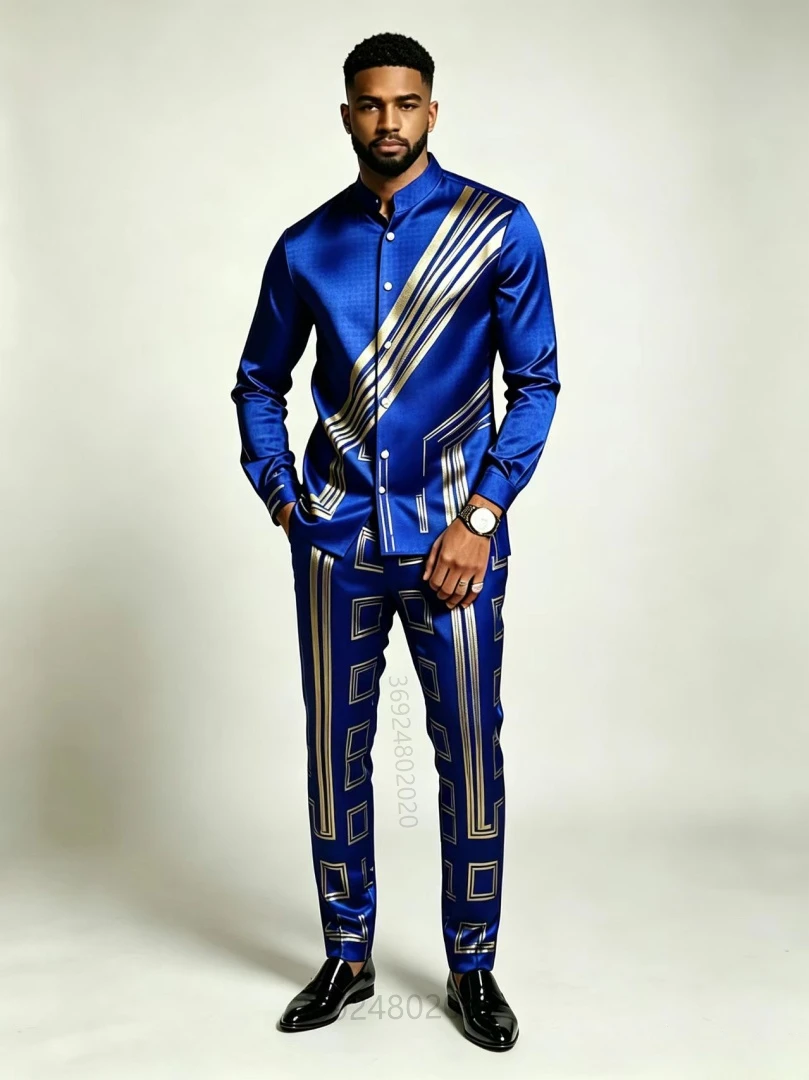 Men's Geometric Glossy Print Stand up Collar Two-Piece Set Long Sleeved Lapel Shirt with Drawstring Straight Leg Pants