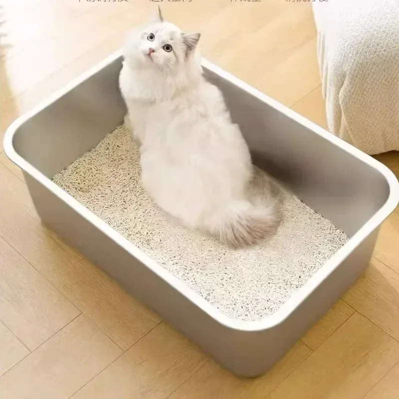 Stainless Steel Cat Litter Box, Large Open Toilet, Enhanced Splash Prevention, Double Side Handle, Goods for Cats