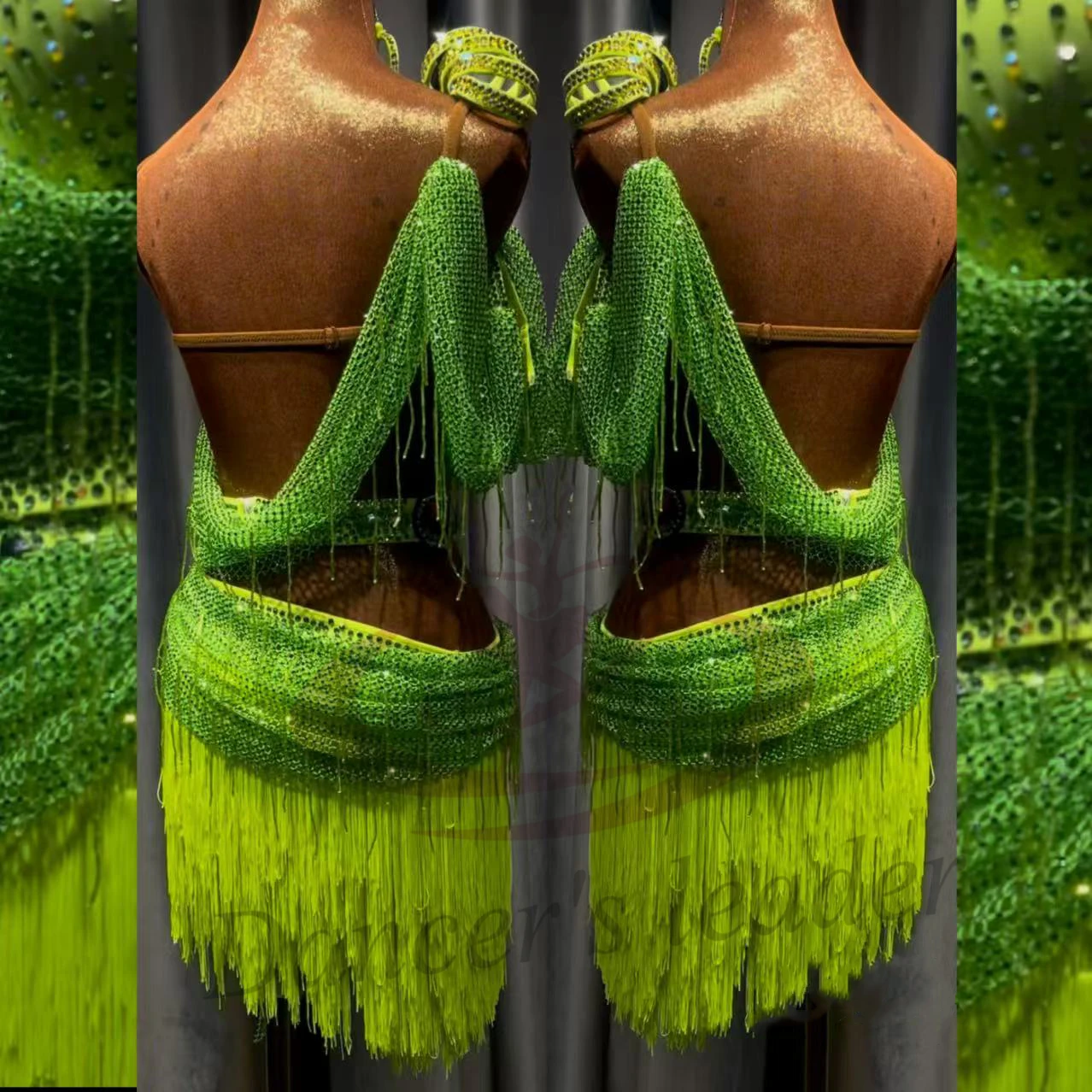 

Латинская танцовщица для взрослых и детей, элитное индивидуальное платье с зелеными бриллиантами и кисточками, танго, самба, AB, каменное платье для выступлений