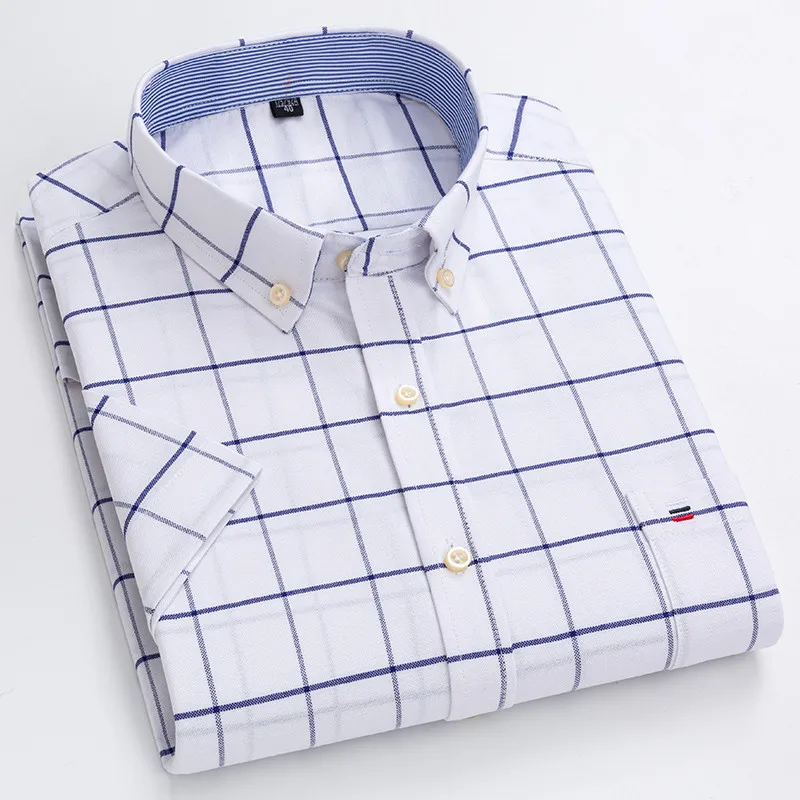 Camisas de algodón de alta calidad para hombre, camisa de manga corta a rayas a cuadros para hombre, camisa blanca informal de negocios, Talla