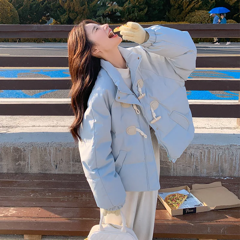 

Blue Short Style Down Jacket Women 2025 New Style Student Beautiful Winter New Warm Bull Horn Button Simple Down Jacket