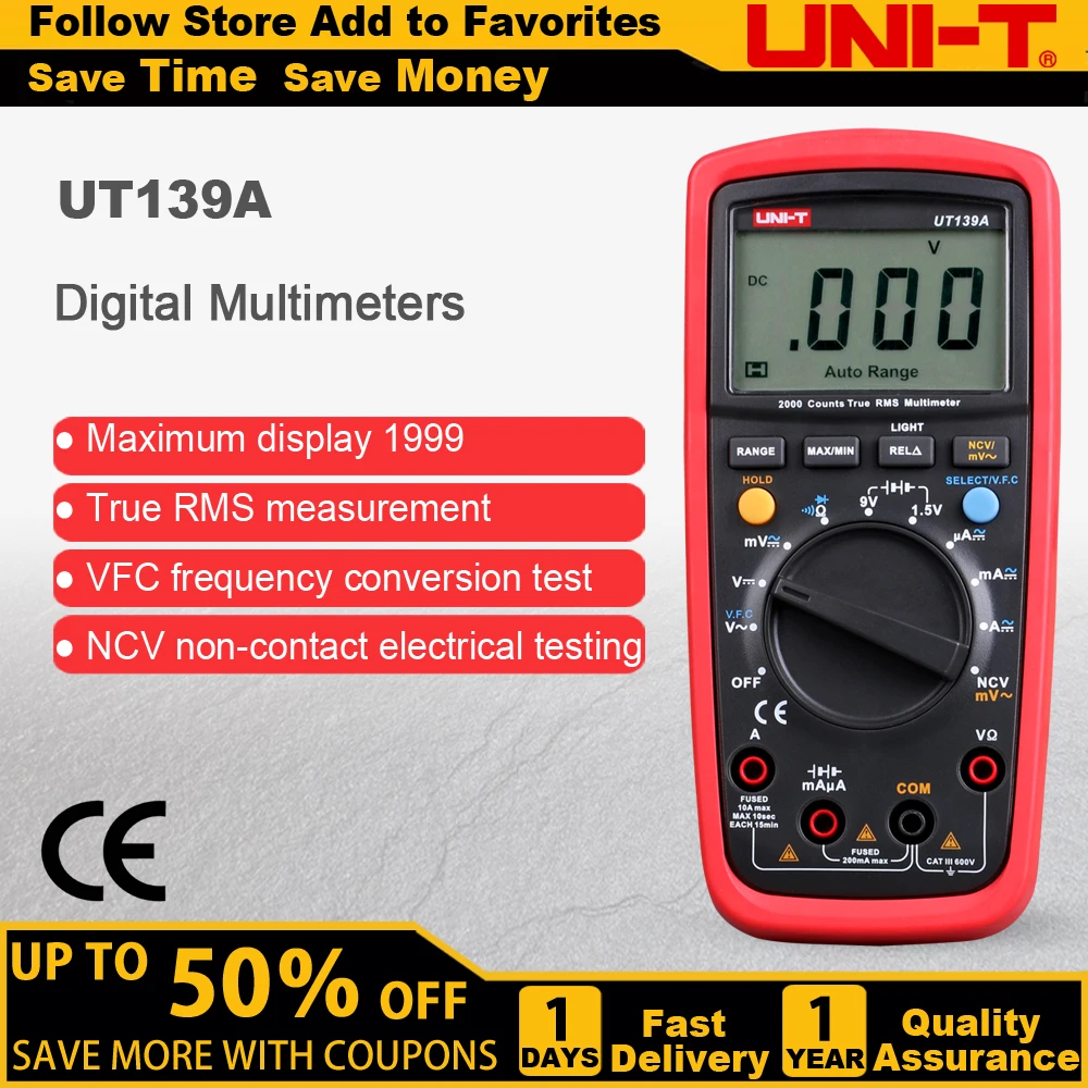 UNI-T UT139A True RMS Digital Multimeter Auto Range AC/DC Amp/Volts Ohm Tester with Data Hold, NCV,and Battery Test