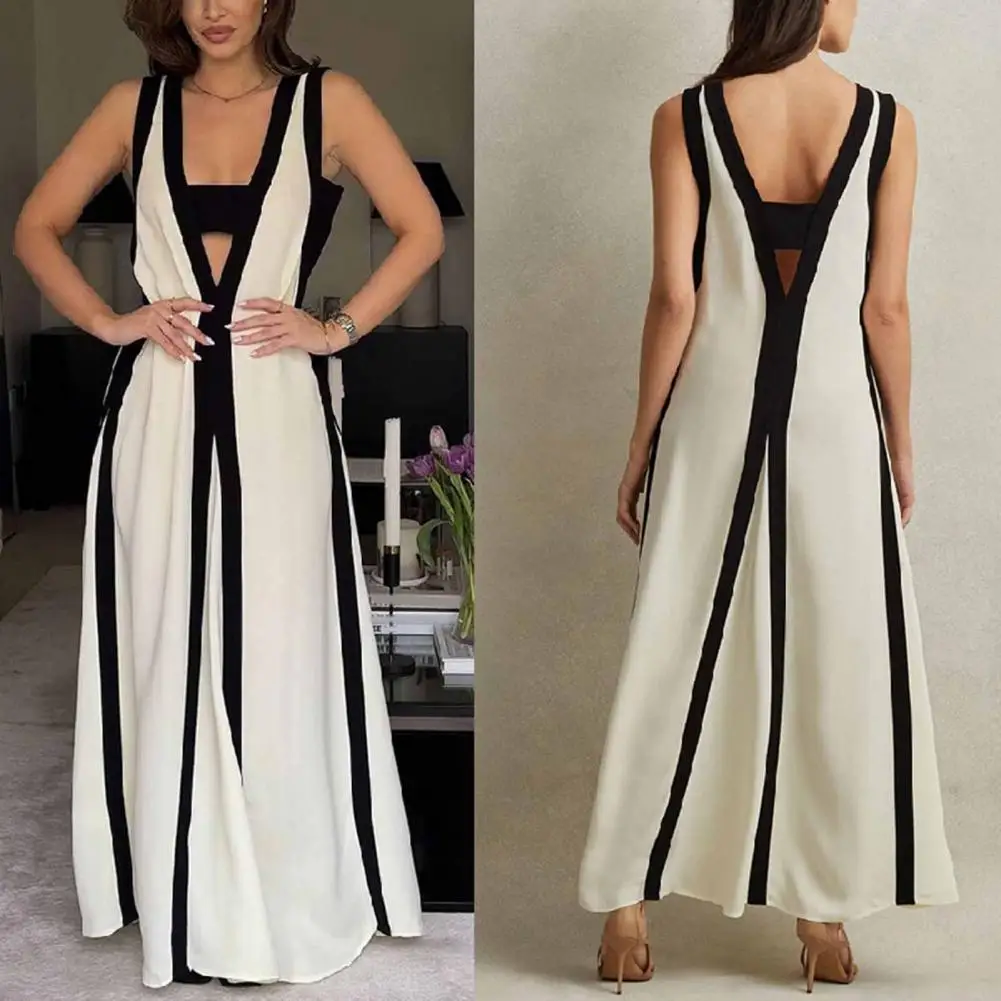 

Contrast Stitching Pleat Detail Dress Elegant V-neck Maxi Dress for Women Contrast Colors Loose Fit Long Dress for Holiday