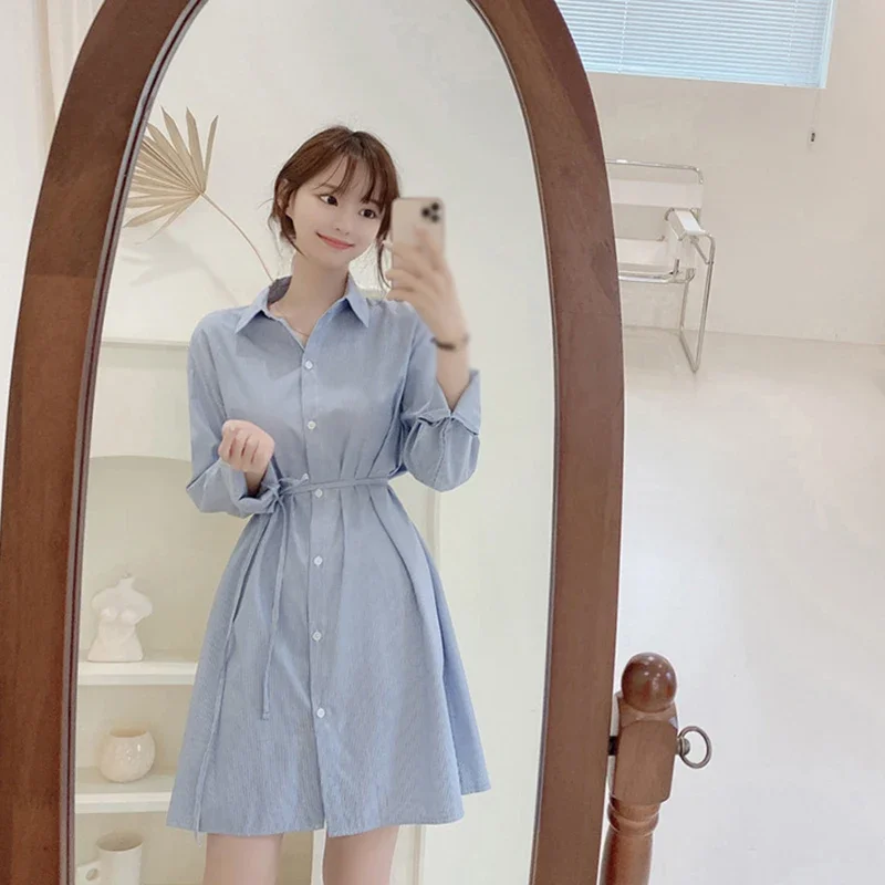 

Summer Fashion Casual Striped Lapel Tie Casual Sweet Temperament Mid Length Long Sleeved Shirt Dresses