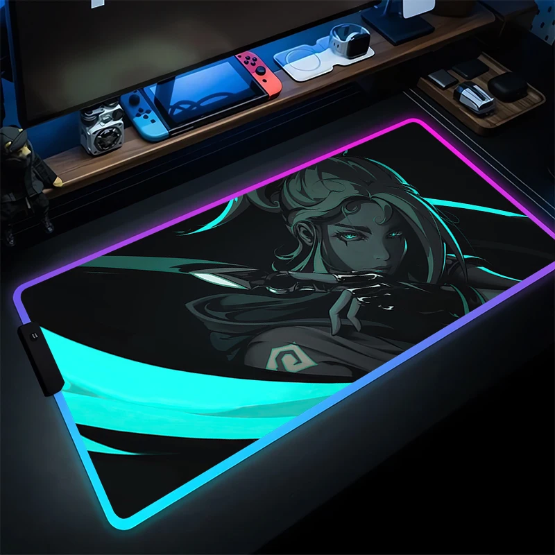 

LED Mouse Pad Gaming Anime Girl PC Computer Valorant Jett Gamer Non Slip Extended Desk Mat RGB Laptop Kawaii Luminous Mousepad